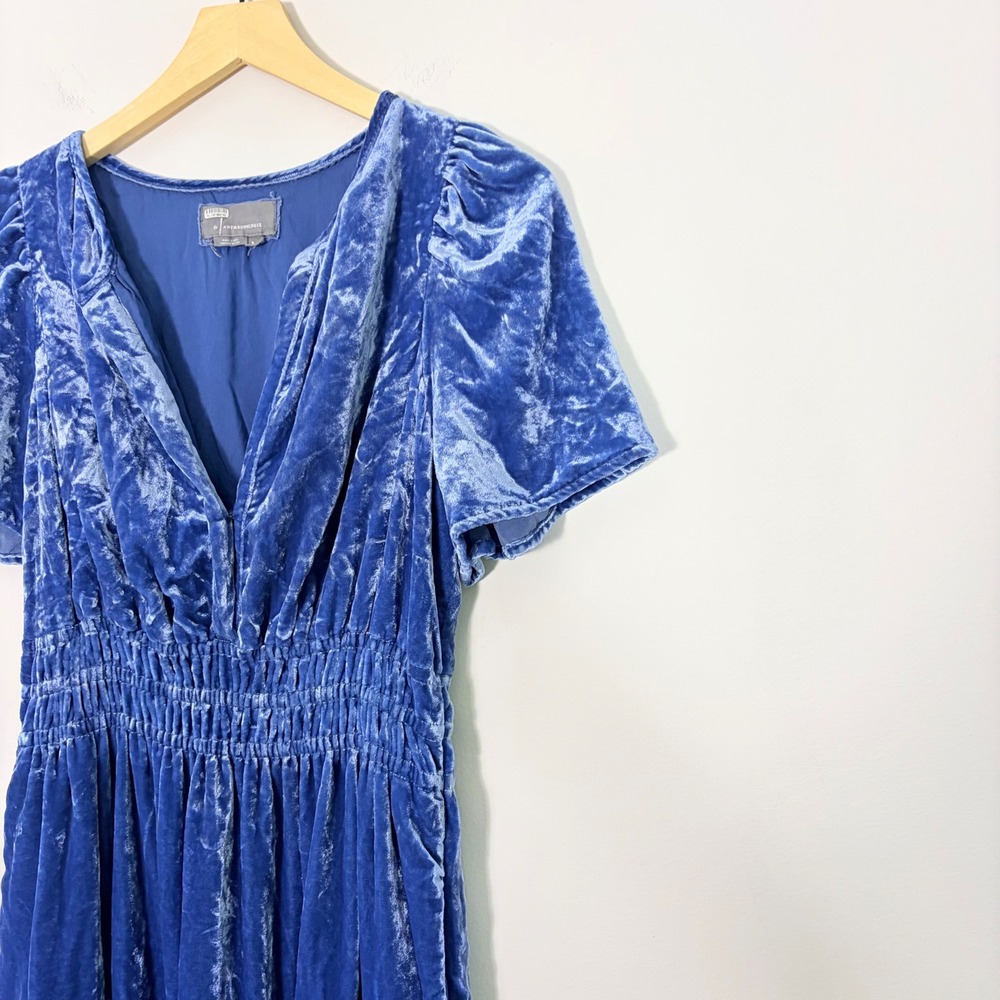 Anthropologie Somerset Blue Velvet Smocked Tiered Mini Dress V-Neck Small - Picture 4 of 9